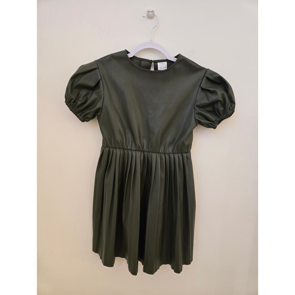 Zara Girls Faux Leather Puff Sleeve Dress Olive Green Size 10 (140 cm)